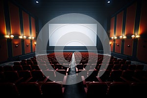 Cinematic preview movie theater scene with an awaiting blank screen