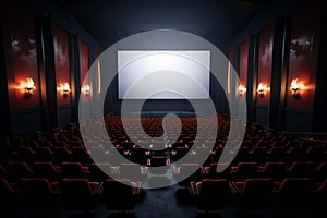 Cinematic preview movie theater scene with an awaiting blank screen