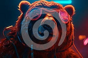 Cinematic Realism: Brown Bear in Cyberpunk Urbanity