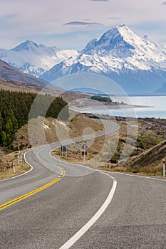 Cinematic Road to Mount Cook , New Zealand. photo