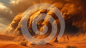 Cinematic sand and dust storm above desert land Huge cloud with wind 3d artwork AI generated