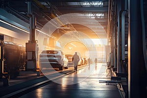 Cinematic scene of a car manufacturing plant at golden hour, with workers walking to and from the facility