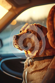 Cinematic scene at sunset featuring dog looking out of window of the car during travel, excited for his first trip with his family