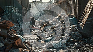 Cinematic Scene of a Trash-Littered Alley in a Dystopian Landscape