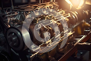 Cinematic shot of a car engine assembly in warm light, showcasing the complexity and precision of the process