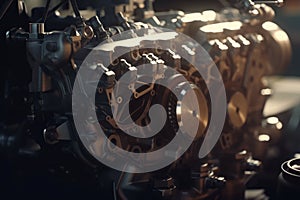Cinematic shot of a car engine assembly in warm light, showcasing the complexity and precision of the process