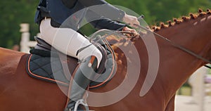 Cinematic slow motion close up of young female horsemanship master dressed in a professional apparel is practising