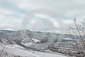 Cinematic snowy winter scenery of Bernkastel-kues