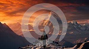 Cinematic Sunrise: A Hiker\'s Adventure On An Ancient Snowy Mountain Ridge