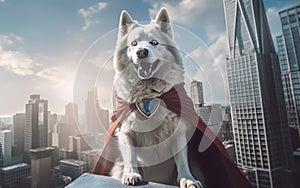 Cinematic Superhero Siberian Huskie in Photorealistic Cityscape. Generative AI