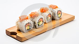 Cinematic Sushi Presentation On Wooden Tray With Pure White Background