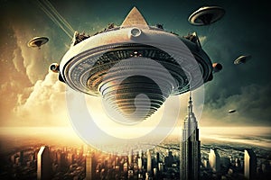 cinematic UFO space dishes over the city metropolis illustration Generative AI