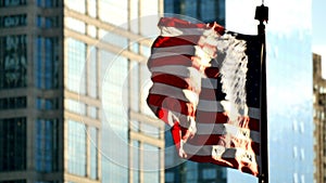 Cinematic United States Flag Waving on Chicago at Sunset