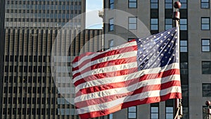 Cinematic United States Flag Waving on Chicago at Sunset