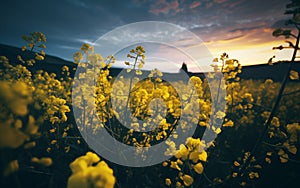 Cinematic View of Mustard or Canola Flowers at Dusk