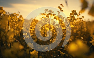 Cinematic View of Mustard or Canola Flowers at Dusk