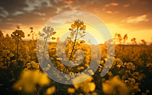 Cinematic View of Mustard or Canola Flowers at Dusk