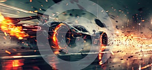 Cinematic view of sports car driving with fire on track, luxury burning vehicle runs fast on dark background. Concept of crash,