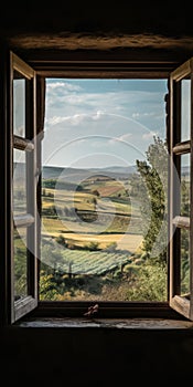 A Cinematic View Of Tuscany\'s Enchanting Farm Through An Open Window photo