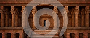 Cinematic wide panorama of entrance to ancient Egyptian tomb with stone steps and collumns. 3D rendering