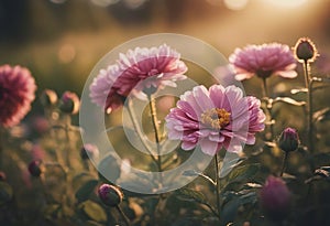 Cinematic wild flowers in the sunset light. bokeh.