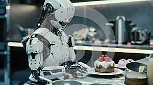 cinematics, robot cook, prepares a cake Generated with AI photo