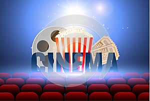 Cinematograph concept banner for the film industry. Popcorn, drink, theater seats and tickets on a background with