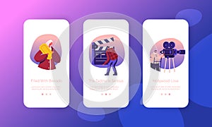 Cinematograph Industry Mobile App Page Onboard Screen Set. Operator with Camera, Staff with Clapperboard Recording Film