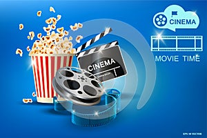 Cinematograph, popcorn for movie theater and online cinema, reel with film, online cinema, cinema concept banner, strip