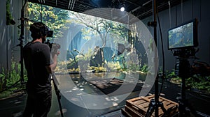 Cinematographer Capturing a Forest Scene on Soundstage photo