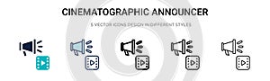 Cinematographic announcer icon in filled, thin line, outline and stroke style. Vector illustration of two colored and black