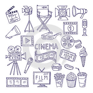 Cinematography doodle set. Video movie entertainment icons