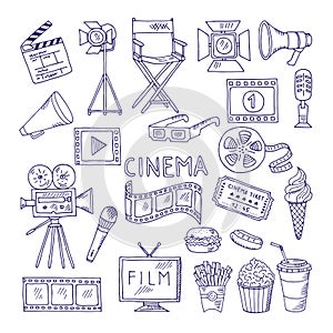 Cinematography doodle set. Video movie entertainment icons photo