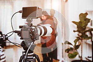 Cinematography Mirrorless Digital Camera equipments setup for record video footage production in studio