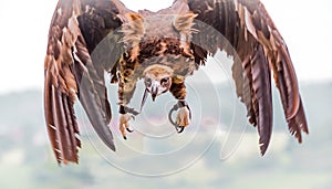 Cinereous vultures flies directly toward camera
