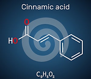 Cinnamic acid molecule. Structural chemical formula on the dark blue background
