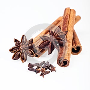 Cinnamon, anise and cloves on white background