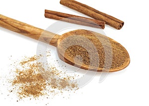 Cinnamon Bark and Powder, cinnamomum zeylanicum against White Background