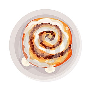 Cinnamon Bun as Dessert Served on Plate Vector Illustration