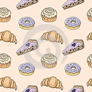 Cinnamon bun, blueberry pie, donnut and croissant seamless patte photo