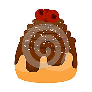 Cinnamon bun with with chocolate and berries. Baked sweet roll doodle icon. Fresh Swedish kanelbulle swirl pastry
