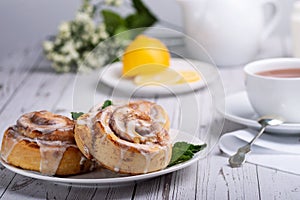 Cinnamon cake and tea. Breakfast