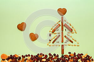 cinnamon christmas tree, nuts and gingerbread. craft from natural materials. zero waste eco friendly