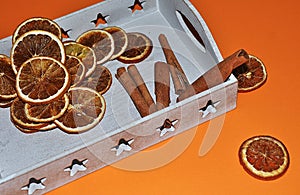 cinnamon next to oranges on tray