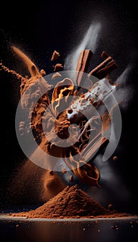 Cinnamon Powder and Cinnamon Sticks Creatively Falling-Dripping Flying or Splashing on Black Background AI Generative