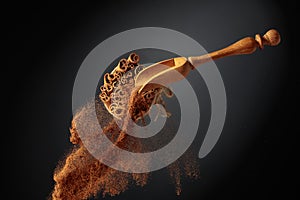 Cinnamon powder is poured out of the wooden spoon