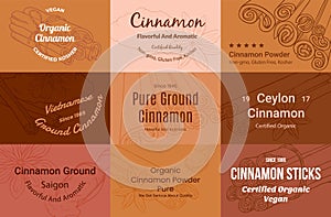 Cinnamon powder sticks flavoring aromatic seasonings label set vector engraving illustration