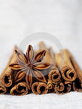 Cinnamon and poder on white and macro style spice cooking photo