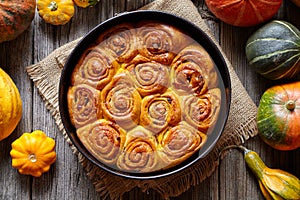 Cinnamon pumpkin dough bun rolls spicy traditional Danish baked vegan sweet autumn treat