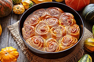 Cinnamon pumpkin dough bun rolls spicy traditional Danish baked vegan sweet fall treat cake